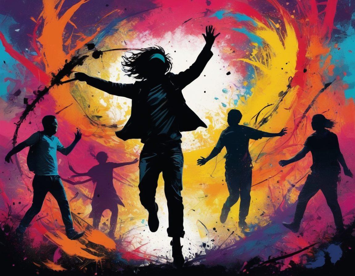 A vibrant, abstract representation of joyful rebellion, incorporating elements of anarchist symbols like the anarchist 'A' amidst swirling colors of chaos. Include silhouettes of diverse people joyfully breaking free from chains, surrounded by nature. The background should have a blend of bright colors symbolizing freedom and spirituality. Artistic style: colorful street art, dynamic and expressive.