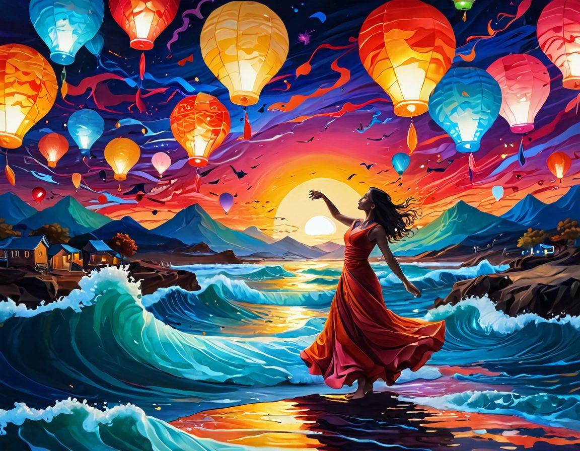 A vibrant, surreal landscape depicting chaos transforming into serene bliss, with swirling, colorful patterns of abstract shapes morphing into calming waves. Include a figure joyfully dancing amidst the chaos, symbolizing freedom and unconventionality, surrounded by floating lanterns that reflect a sense of hope and tranquility. The scene should evoke a sense of movement and liberation, blending vivid colors that clash yet harmonize beautifully. super-realistic. vibrant colors. abstract.